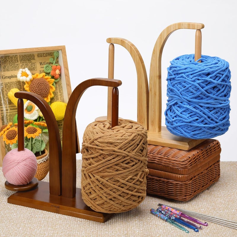 FLYKEY Yarn Holder for Knitting and Crocheting,Wooden Yarn Spinner with 2 Spindles by Artowell,an Ideal Gift for Knitting Enthusiasts Knitting,Wool Storage for Knitting Lovers in Walnut Color - Image 2